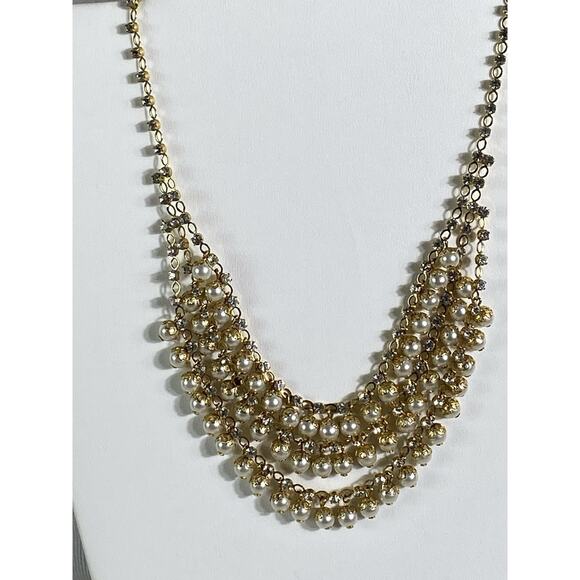 Vintage Faux Pearl & Rhinestones Filigree GoldTone 3 Layered Bib Choker Necklace - Picture 4 of 6
